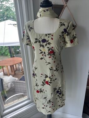 VINTAGE 90s 100% SILK Liz Claiborne Sheath Floral Mini Dress Sage Green Size 4